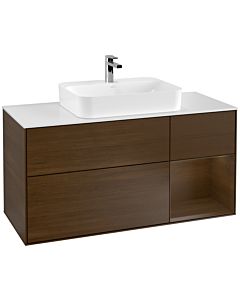Villeroy und Boch Finion Waschtischunterschrank F421GNGN 120cm, Abdeckplatte white matt, Regal rechts Walnut veneer, Walnut veneer