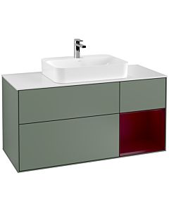 Villeroy und Boch Finion Waschtischunterschrank F421HBGM 120cm, Abdeckplatte white matt, Regal rechts Peony, Olive Matt Lacquer