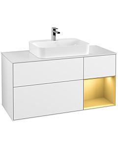 Villeroy und Boch Finion Waschtischunterschrank F421HFGF 120cm, Abdeckplatte white matt, Regal rechts Gold matt, Glossy white lacquer