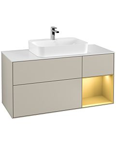 Villeroy und Boch Finion Waschtischunterschrank F421HFHH 120cm, Abdeckplatte white matt, Regal rechts Gold matt, Sand Matt Lacquer