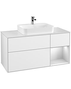 Villeroy und Boch Finion Waschtischunterschrank F421MTGF 120cm, Abdeckplatte white matt, Regal rechts White matt lacquer, Glossy white lacquer