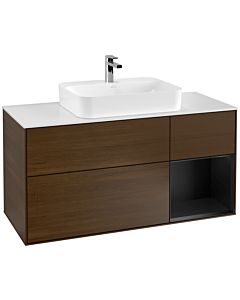 Villeroy und Boch Finion Villeroy und Boch F421PDGN 120cm, plaque de recouvrement blanc mat, étagère à droite laqué noir mat, placage noyer