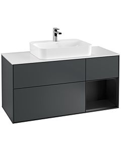 Villeroy und Boch Finion Waschtischunterschrank F421PDHG 120cm, Abdeckplatte white matt, Regal rechts Black matt lacquer, Midnight Blue Matt Lacquer