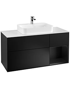 Villeroy und Boch Finion Villeroy und Boch F421PDPD 120cm, plaque de recouvrement blanc mat, étagère à droite laqué noir mat, laqué noir mat