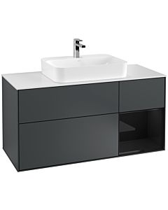 Villeroy und Boch Finion Waschtischunterschrank F421PHHG 120cm, Abdeckplatte white matt, Regal rechts Glossy Black Lacquer, Midnight Blue Matt Lacquer
