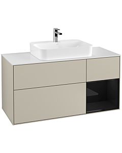 Villeroy und Boch Finion Villeroy und Boch F421PHHH 120cm, plaque de finition blanc mat, étagère à droite Glossy Black Lacquer , Sand Matt Lacquer