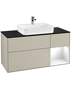 Villeroy und Boch Finion Waschtischunterschrank F422GFHH 120cm, Abdeckplatte black matt, Regal rechts Glossy white lacquer, Sand Matt Lacquer