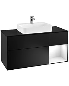 Villeroy und Boch Finion Waschtischunterschrank F422GFPD 120cm, Abdeckplatte black matt, Regal rechts Glossy white lacquer, Black matt lacquer
