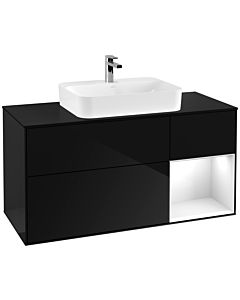 Villeroy und Boch Finion Waschtischunterschrank F422GFPH 120cm, Abdeckplatte black matt, Regal rechts Glossy white lacquer, Glossy Black Lacquer