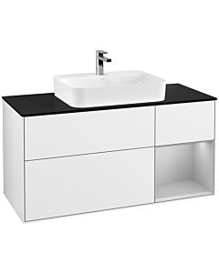 Villeroy und Boch Finion Waschtischunterschrank F422GJGF 120cm, Abdeckplatte black matt, Regal rechts Light grey matt, Glossy white lacquer