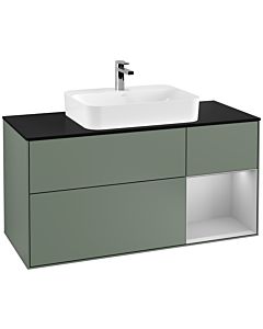 Villeroy und Boch Finion Waschtischunterschrank F422GJGM 120cm, Abdeckplatte black matt, Regal rechts Light grey matt, Olive Matt Lacquer