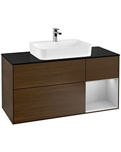 Villeroy und Boch Finion Waschtischunterschrank F422GJGN 120cm, Abdeckplatte black matt, Regal rechts Light grey matt, Walnut veneer