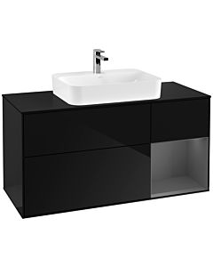 Villeroy und Boch Finion Waschtischunterschrank F422GKPH 120cm, Abdeckplatte black matt, Regal rechts Anthracite matt, Glossy Black Lacquer