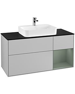Villeroy und Boch Finion Waschtischunterschrank F422GMGJ 120cm, Abdeckplatte black matt, Regal rechts Olive Matt Lacquer, Light grey matt