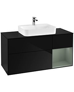 Villeroy und Boch Finion Waschtischunterschrank F422GMPH 120cm, Abdeckplatte black matt, Regal rechts Olive Matt Lacquer, Glossy Black Lacquer