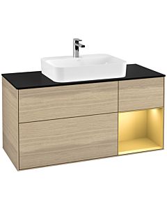 Villeroy und Boch Finion Waschtischunterschrank F422HFPC 120cm, Abdeckplatte black matt, Regal rechts Gold matt, Oak Veneer