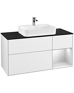 Villeroy und Boch Finion Villeroy und Boch F422MTGF 120cm, plaque de finition noir mat, étagère à droite laqué blanc mat, laqué blanc brillant