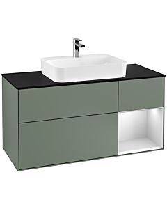 Villeroy und Boch Finion Waschtischunterschrank F422MTGM 120cm, Abdeckplatte black matt, Regal rechts White matt lacquer, Olive Matt Lacquer