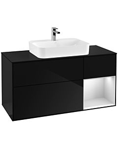 Villeroy und Boch Finion Waschtischunterschrank F422MTPH 120cm, Abdeckplatte black matt, Regal rechts White matt lacquer, Glossy Black Lacquer