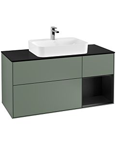 Villeroy und Boch Finion Waschtischunterschrank F422PDGM 120cm, Abdeckplatte black matt, Regal rechts Black matt lacquer, Olive Matt Lacquer