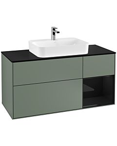 Villeroy und Boch Finion Waschtischunterschrank F422PHGM 120cm, Abdeckplatte black matt, Regal rechts Glossy Black Lacquer, Olive Matt Lacquer