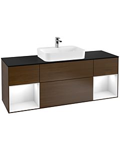 Villeroy und Boch Finion Waschtischunterschrank F452GFGN 160x60,3cm, Abdeckplatte black matt, Regale Glossy white lacquer, Walnut veneer