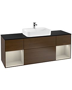 Villeroy und Boch Finion Waschtischunterschrank F452HHGN 160x60,3cm, Abdeckplatte black matt, Regale sand matt lacquer, Walnut veneer