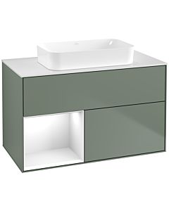 Villeroy und Boch Finion Waschtischunterschrank F651GFGM 100x60,3x50,1cm, Regal links Glossy white lacquer, Olive Matt Lacquer