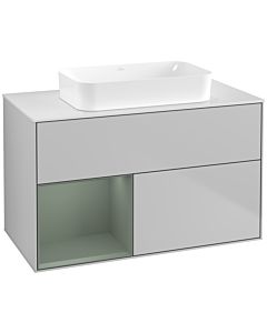Villeroy und Boch Finion Waschtischunterschrank F651GMGJ 100x60,3x50,1cm, Regal links Olive Matt Lacquer, Light grey matt