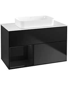 Villeroy und Boch Finion Waschtischunterschrank F651PHPD 100x60,3x50,1cm, Regal links Glossy Black Lacquer, Black matt lacquer