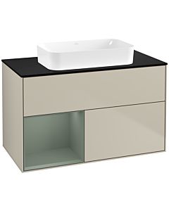 Villeroy und Boch Finion Waschtischunterschrank F652GMHH 100x60,3x50,1cm, Regal links Olive Matt Lacquer, Sand Matt Lacquer