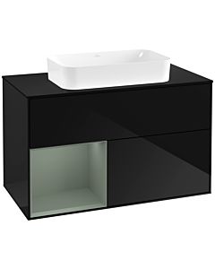 Villeroy und Boch Finion Waschtischunterschrank F652GMPH 100x60,3x50,1cm, Regal links Olive Matt Lacquer, Glossy Black Lacquer