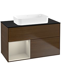 Villeroy und Boch Finion Waschtischunterschrank F652HHGN 100x60,3x50,1cm, Regal links Sand Matt Lacquer, Walnut veneer