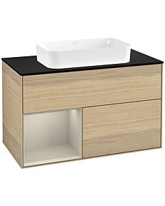Villeroy und Boch Finion Waschtischunterschrank F652HHPC 100x60,3x50,1cm, Regal links Sand Matt Lacquer, Oak Veneer