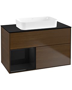 Villeroy und Boch Finion Waschtischunterschrank F652PHGN 100x60,3x50,1cm, Regal links Glossy Black Lacquer, Walnut veneer