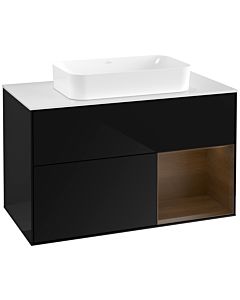 Villeroy und Boch Finion Waschtischunterschrank F661GNPH 100x60,3x50,1cm, Regal rechts Walnut veneer, Glossy Black Lacquer