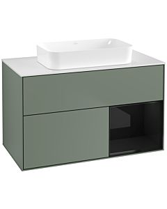 Villeroy und Boch Finion Waschtischunterschrank F661PHGM 100x60,3x50,1cm, Regal rechts Glossy Black Lacquer, Olive Matt Lacquer