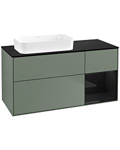 Villeroy und Boch Finion Waschtischunterschrank F692PHGM 120x60,3x50,1cm, Regal rechts Glossy Black Lacquer, Olive Matt Lacquer