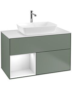 Villeroy und Boch Finion Waschtischunterschrank F771GFGM 100cm, Abdeckplatte white matt, Regale Glossy white lacquer, Olive Matt Lacquer