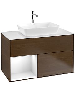 Villeroy und Boch Finion Villeroy und Boch F771GFGN 100cm, plateau blanc mat, étagères laqué blanc brillant, placage noyer