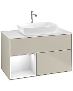 Villeroy und Boch Finion Villeroy und Boch F771GFHH 100cm, plaque de finition blanc mat, étagères laqué blanc brillant, Sand Matt Lacquer