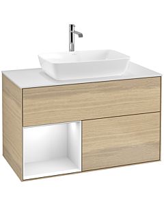 Villeroy und Boch Finion Villeroy und Boch F771GFPC 100cm, plaque de finition blanc mat, étagères laqué blanc brillant, Oak Veneer