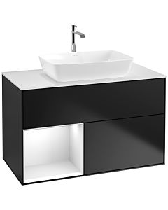 Villeroy und Boch Finion Villeroy und Boch F771GFPD 100cm, plaque de finition blanc mat, étagères laqué blanc brillant, laqué noir mat