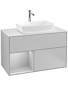 Villeroy und Boch Finion Villeroy und Boch F771GJGJ 100cm, plaque de finition blanc mat, étagères laqué gris clair mat, gris clair mat