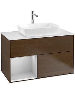 Villeroy und Boch Finion Villeroy und Boch F771GJGN 100cm, plaque de finition blanc mat, étagères laqué gris clair mat, placage noyer