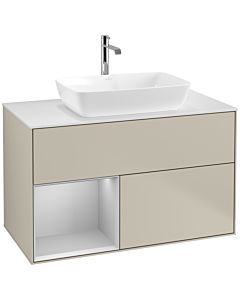 Villeroy und Boch Finion Waschtischunterschrank F771GJHH 100cm, Abdeckplatte white matt, Regale Light grey matt lacquer, Sand Matt Lacquer