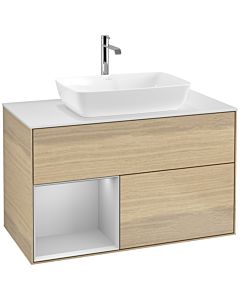 Villeroy und Boch Finion Waschtischunterschrank F771GJPC 100cm, Abdeckplatte white matt, Regale Light grey matt lacquer, Oak Veneer