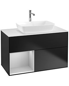 Villeroy und Boch Finion Waschtischunterschrank F771GJPD 100cm, Abdeckplatte white matt, Regale Light grey matt lacquer, Black matt lacquer