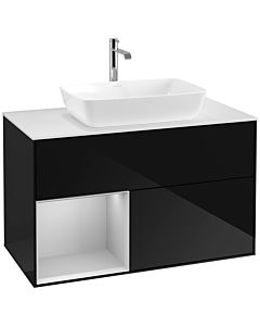 Villeroy und Boch Finion Waschtischunterschrank F771GJPH 100cm, Abdeckplatte white matt, Regale Light grey matt lacquer, Glossy Black Lacquer