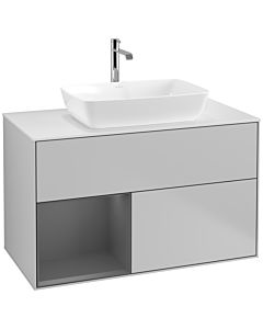 Villeroy und Boch Finion Waschtischunterschrank F771GKGJ 100cm, Abdeckplatte white matt, Regale Anthracite matt lacquer, Light grey matt